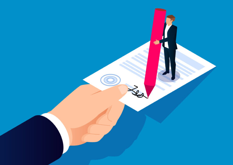 Illustratie van een man die een grote handtekening zet op een officieel document