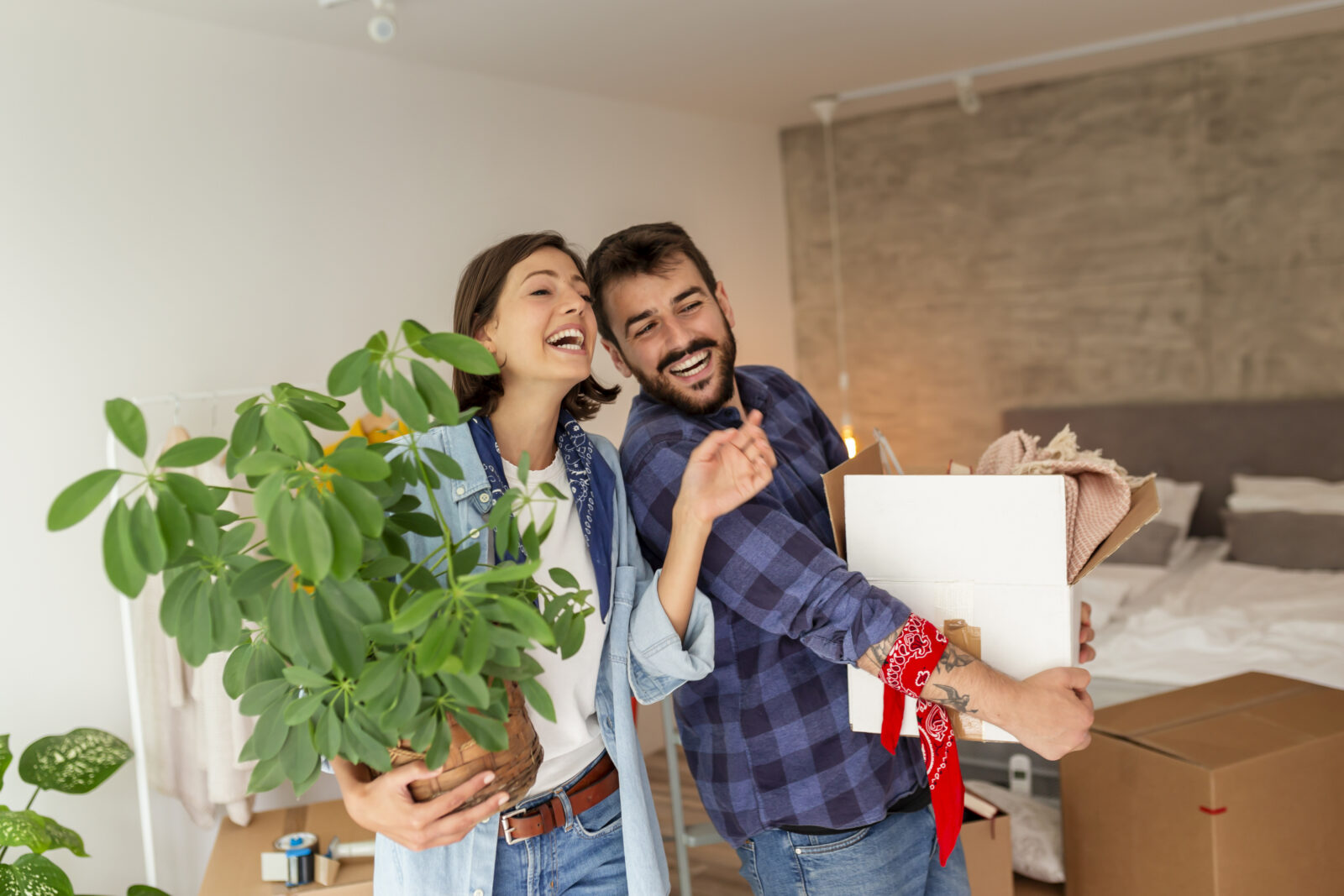 Stel dat net verhuisd is in nieuw huis met verhuisdozen en plant