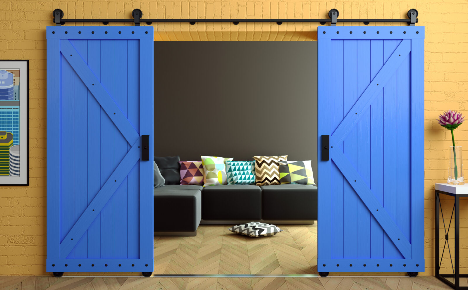 Blauwe schuifdeuren voor een kast in een kleine kamer als ruimtebesparende oplossing