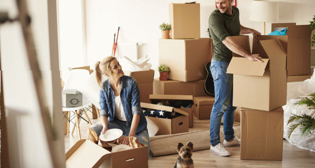 Een man en vrouw staan tussen verhuisdozen met hun hondje, klaar om te verhuizen