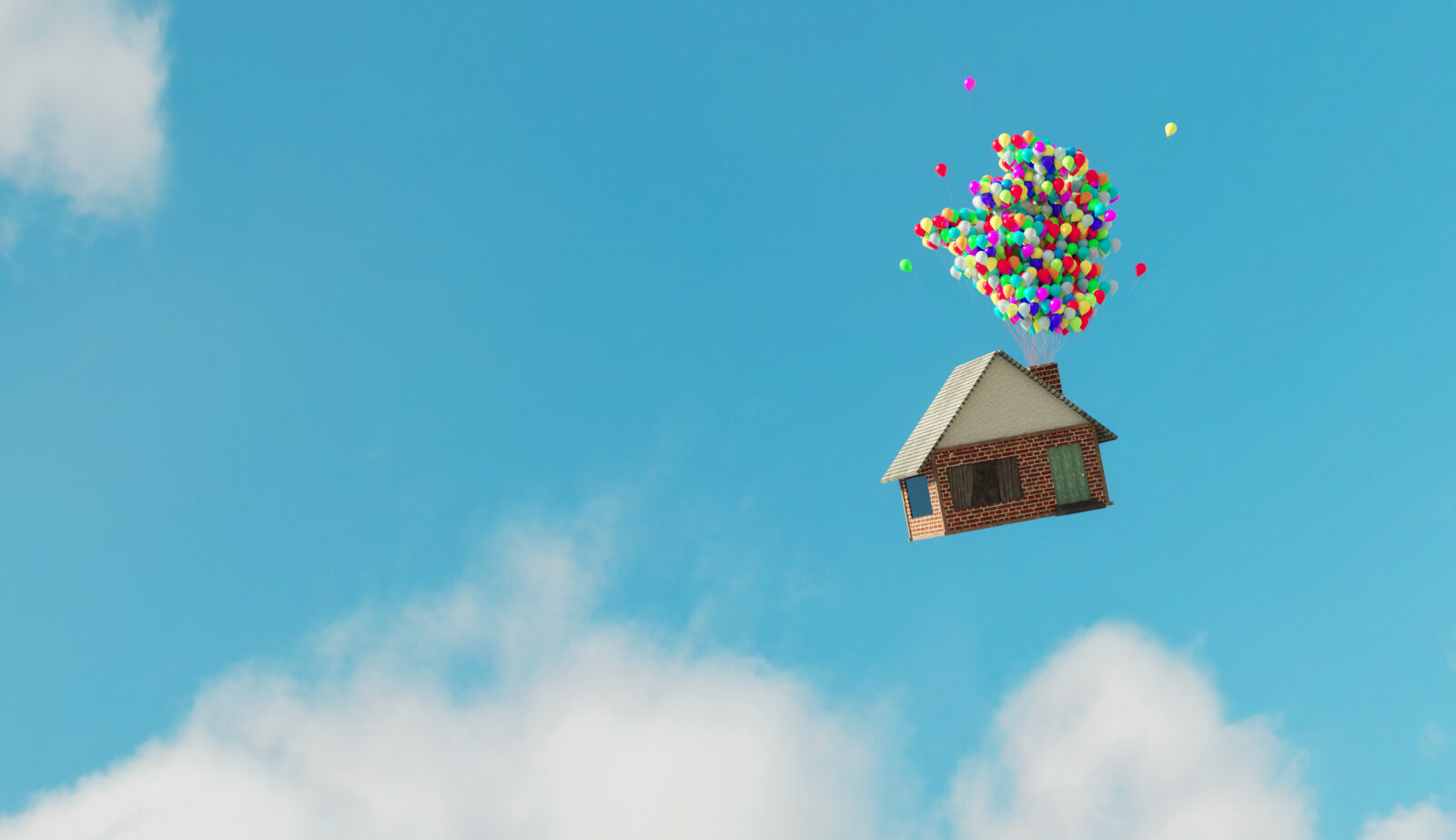 Woning die omhoog wordt gedragen door ballonnen als symbool voor overwaarde