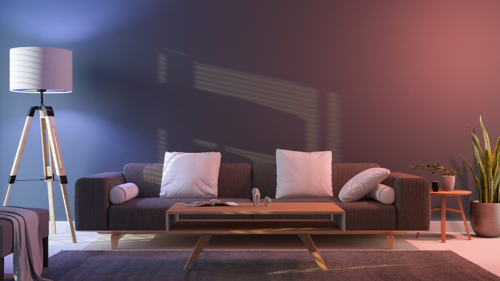 Woonkamer met bank, staande lamp en warm en koel sfeerlicht