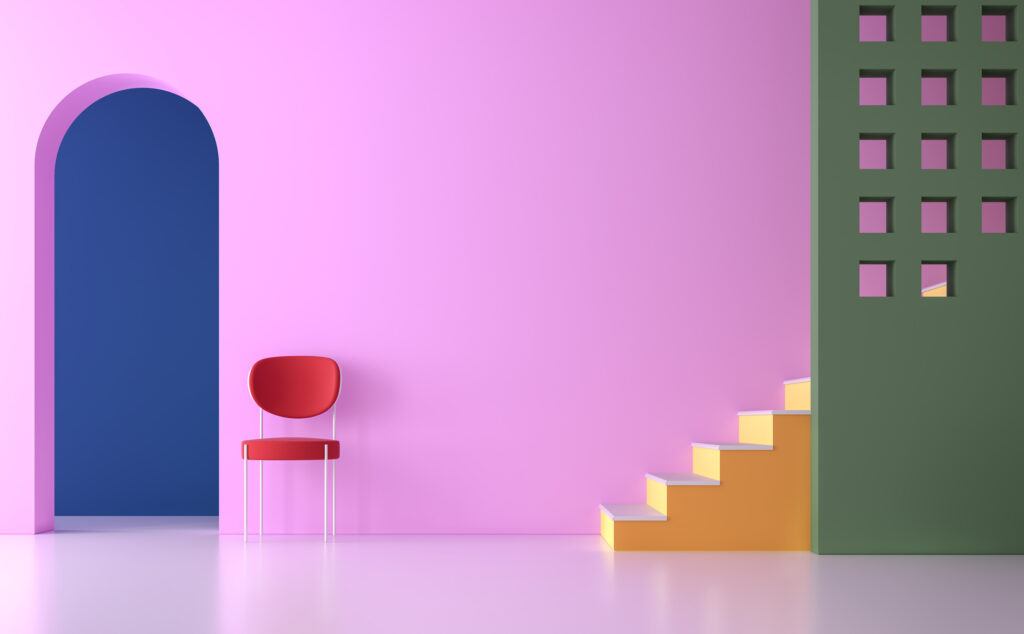 Een moderne woonkamer met een minimalistisch ontwerp, gekenmerkt door pastelkleuren. De ruimte heeft een roze muur, een blauwe deurboog, een felrode stoel, en een trap met gele en witte treden. Aan de rechterkant bevindt zich een groene muur met vierkante uitsparingen."