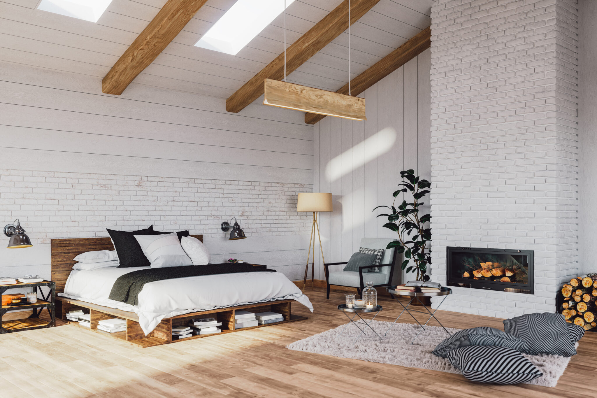 Scandinavisch ingerichte slaapkamer met een houten bedframe, lichte kleuren, moderne meubels en een open haard