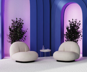 Kamer met blauwe bogen met roze licht en mozaïek tegelvloer, fauteuils met salontafel, 3D-weergave