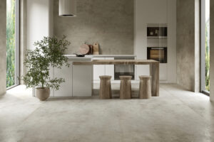 Keukeninterieur met houten bar en betonnen muur en vloer. 3D-weergave. Stijl is Japandisch