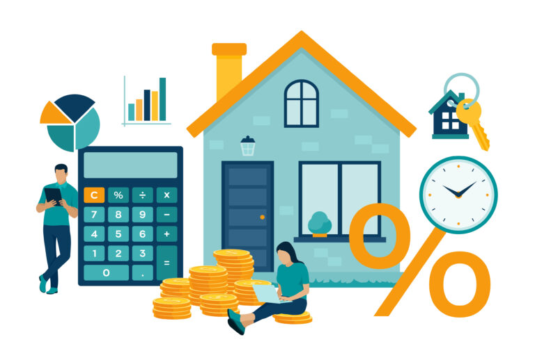 De afbeelding toont een illustratie van een huis met verschillende financiële symbolen eromheen, zoals een calculator, stapels muntgeld, een procentteken en grafieken. Deze visualiseren aspecten van de woningmarkt, zoals kosten koper, hypotheken en andere financiële overwegingen bij het kopen van een huis.