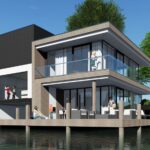 Moderne recreatiewoning aan het water met grote ramen, een ruim balkon en een terras. De woning is omgeven door groen en biedt een luxe en rustige omgeving voor een ontspannen verblijf