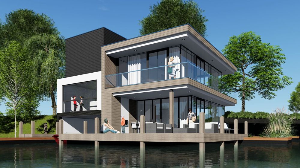 Moderne recreatiewoning aan het water met grote ramen, een ruim balkon en een terras. De woning is omgeven door groen en biedt een luxe en rustige omgeving voor een ontspannen verblijf