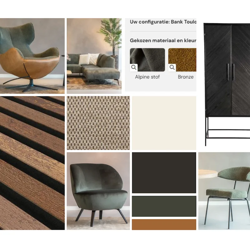 Een moodboard met verschillende interieuritems en kleuren. Het bevat een groene fauteuil, een beige geweven stof, een houten lamellenstructuur, een zwarte kast, groene en bronzen kleurstalen, een eethoek met groene stoel, en een grijze bank met decoratieve planten.