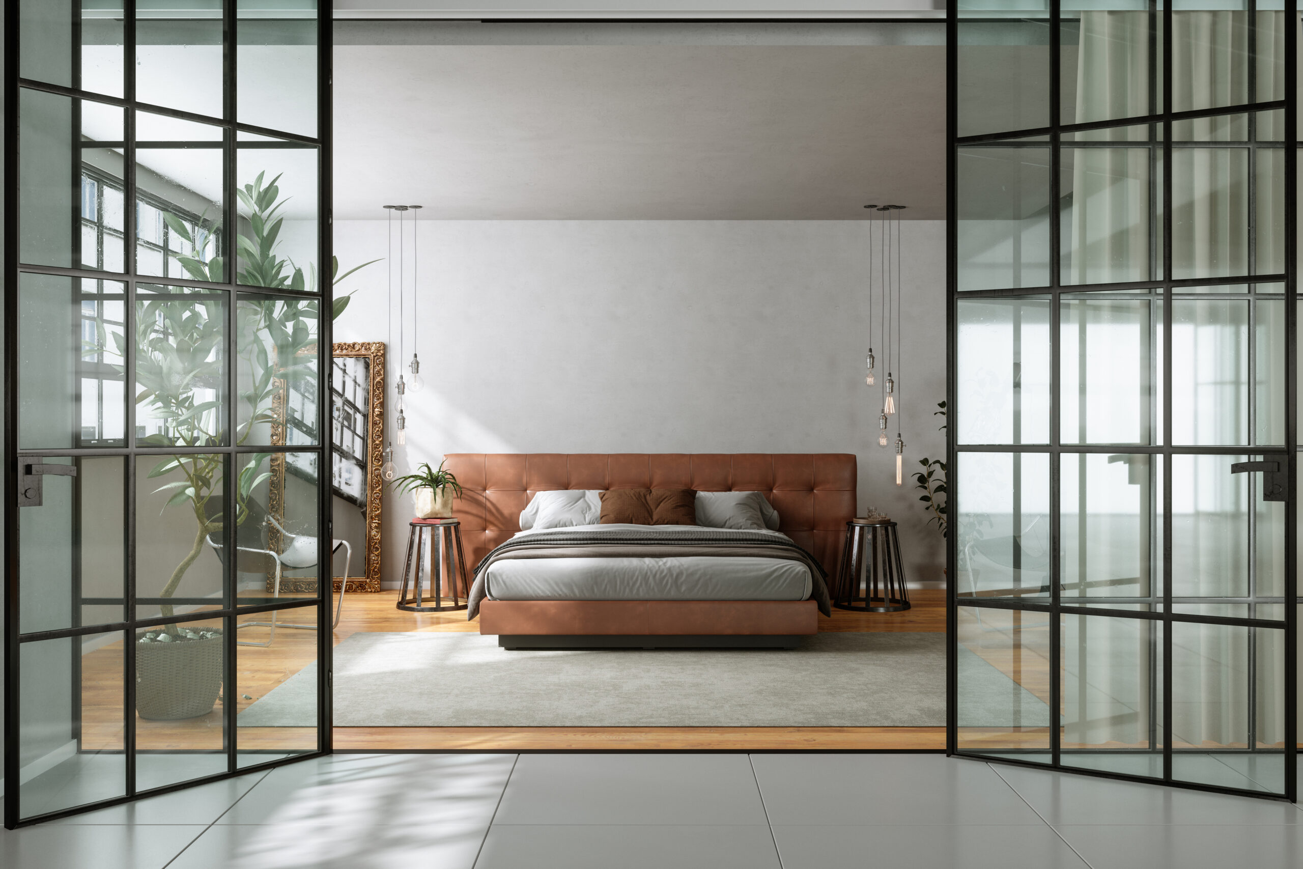 Moderne slaapkamer met glazen binnendeuren met zwarte frames, die design en functionaliteit combineren in een stijlvol interieur