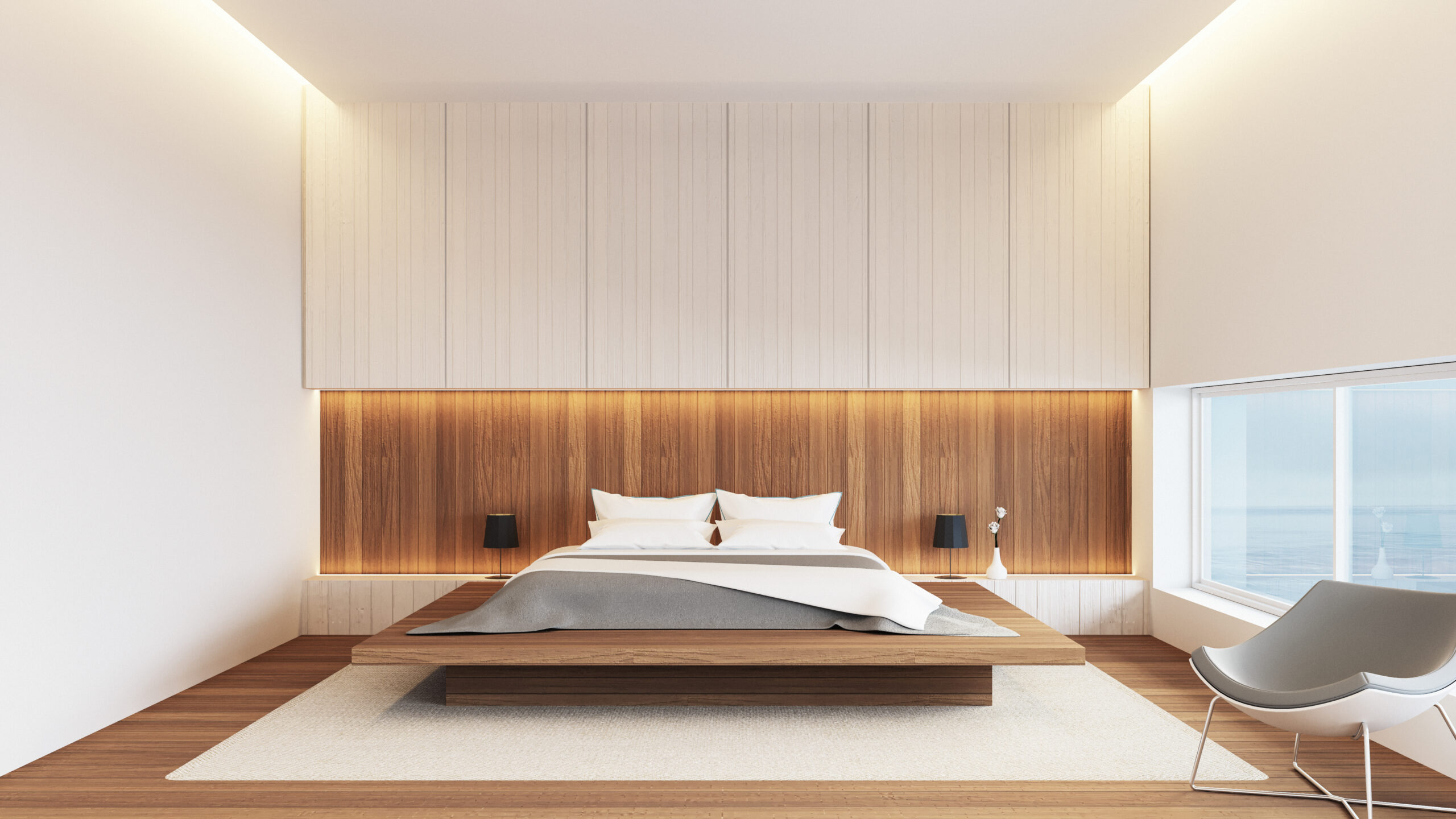 Moderne slaapkamer met een minimalistisch design, voorzien van een houten bedframe, ingebouwde verlichting, strakke lijnen en een grote raampartij die veel natuurlijk licht binnenlaat.