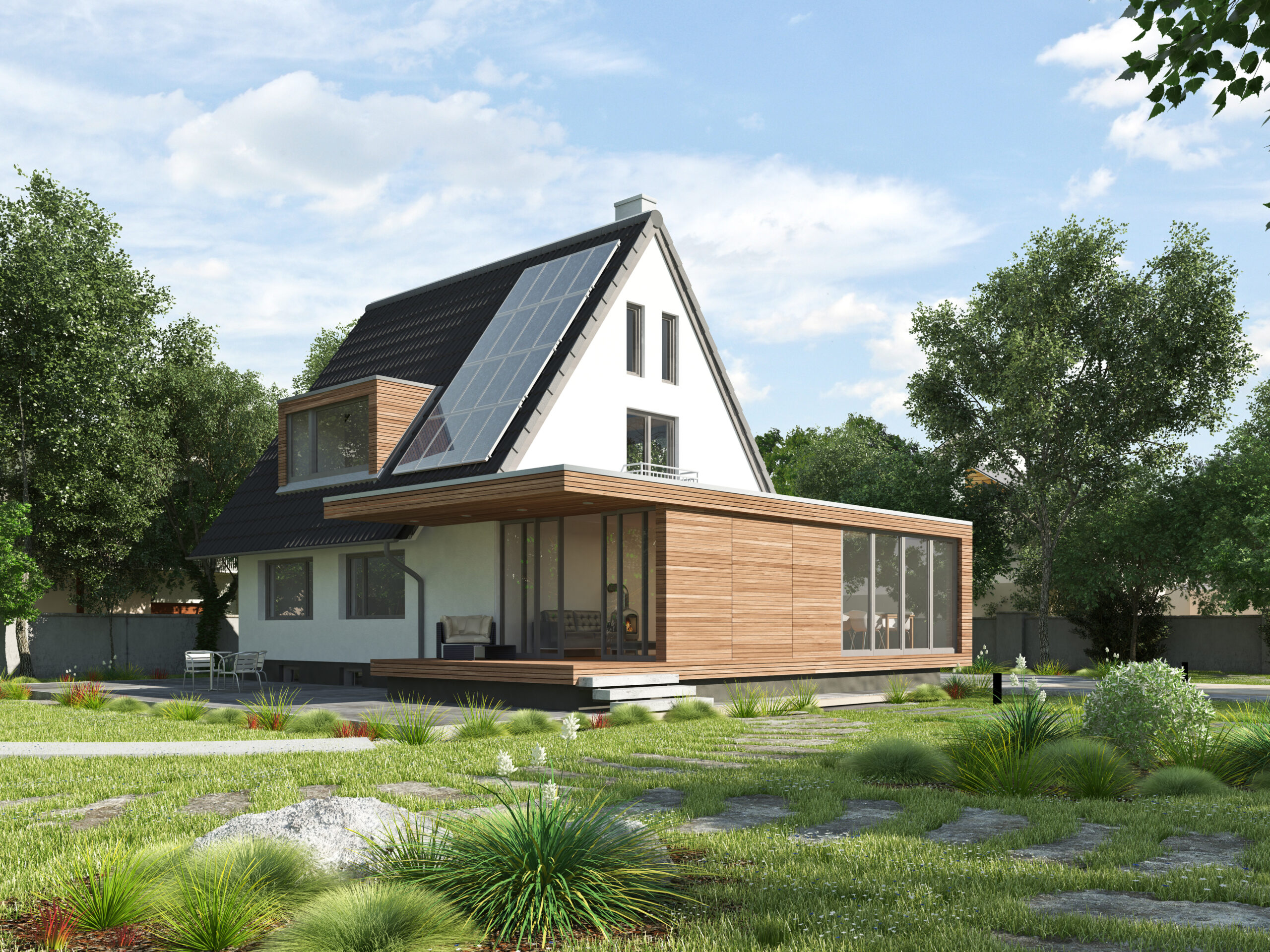 Houten prefab mantelzorgwoning als aanbouw aan een moderne woning met zonnepanelen en groene tuin