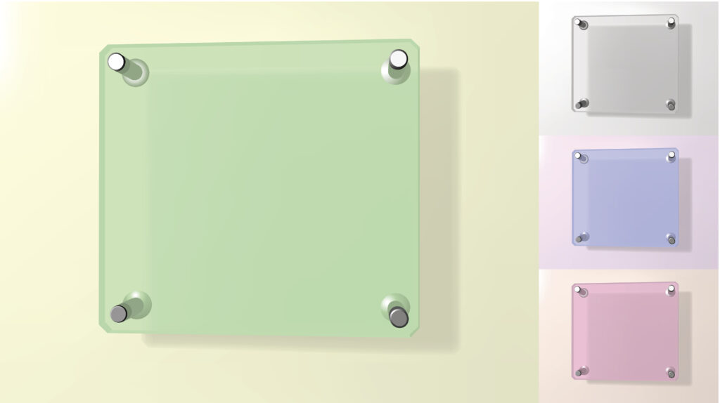 Gekleurde acrylaatplaten in groen, blauw, roze en transparant met afstandhouders aan de wand