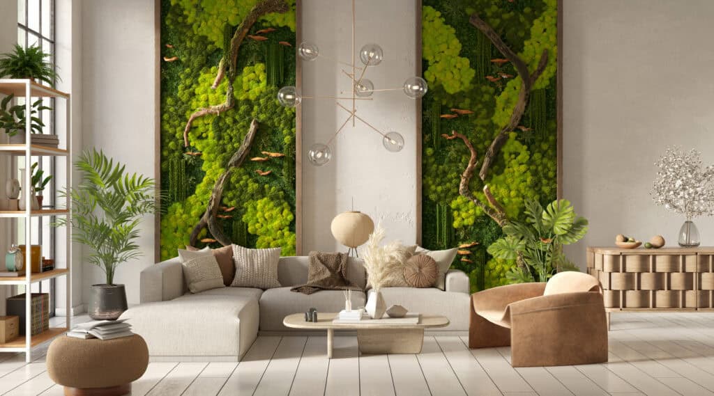 Luxe woonkamer met verticale moswanden als natuurlijke wanddecoratie