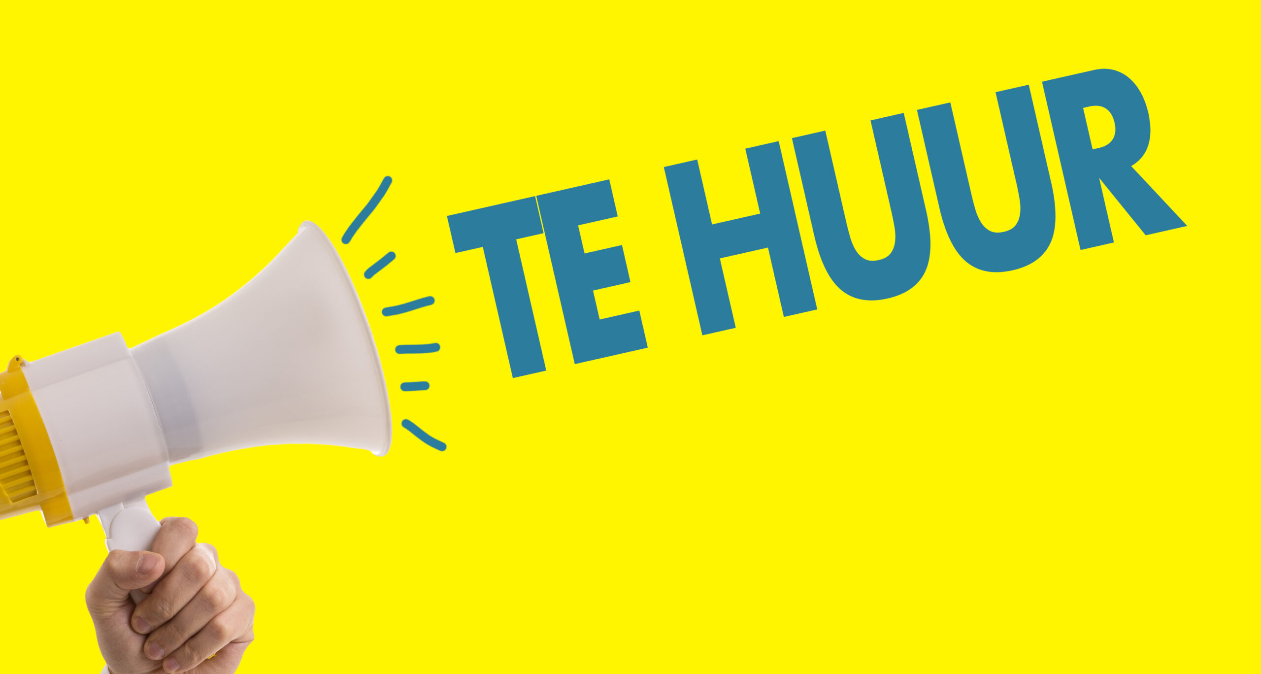 Megaphone met de tekst 'Te Huur' op een gele achtergrond – woningverhuur onder de aandacht brengen