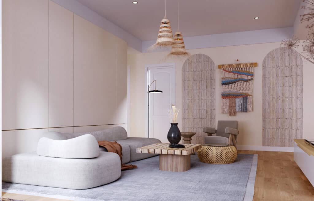 Scandinavische woonkamer met lichtgrijze bank, houten salontafel en wanddecoratie in neutrale tinten