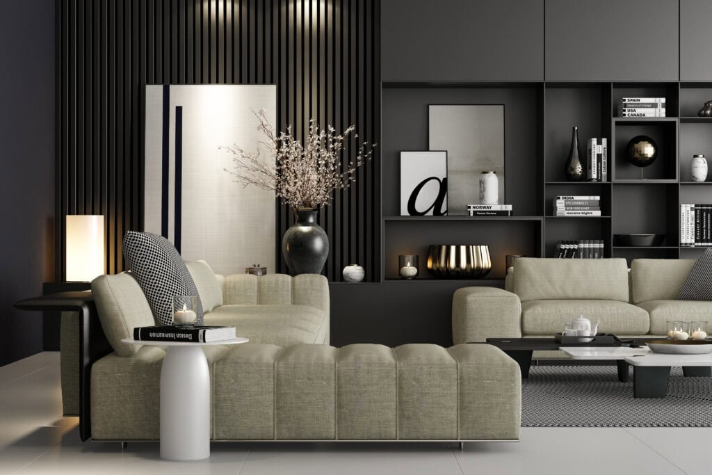 Woonkamer met LED inbouwspots in een modern interieur met donkere wandpanelen en beige meubels