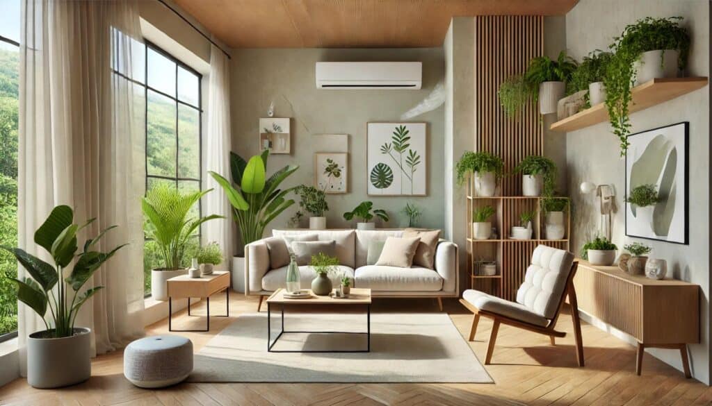 Lichte woonkamer met houten meubels, planten en Scandinavisch design