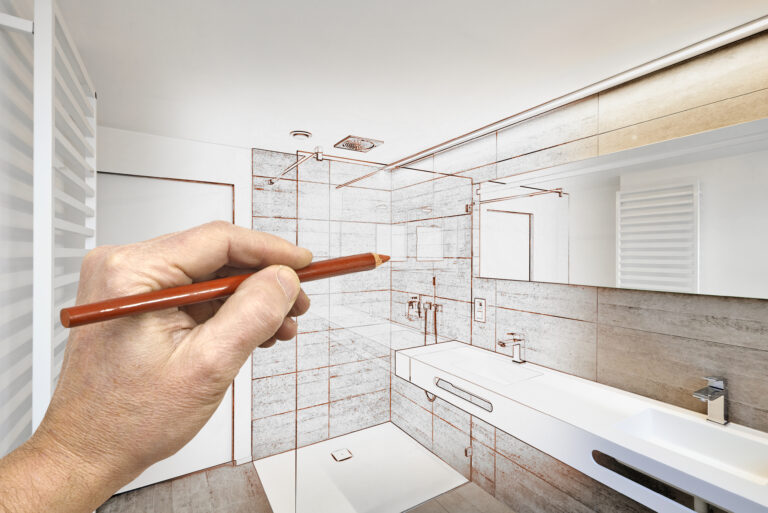 Hand tekent op maat gemaakte douchecabine in moderne badkamer