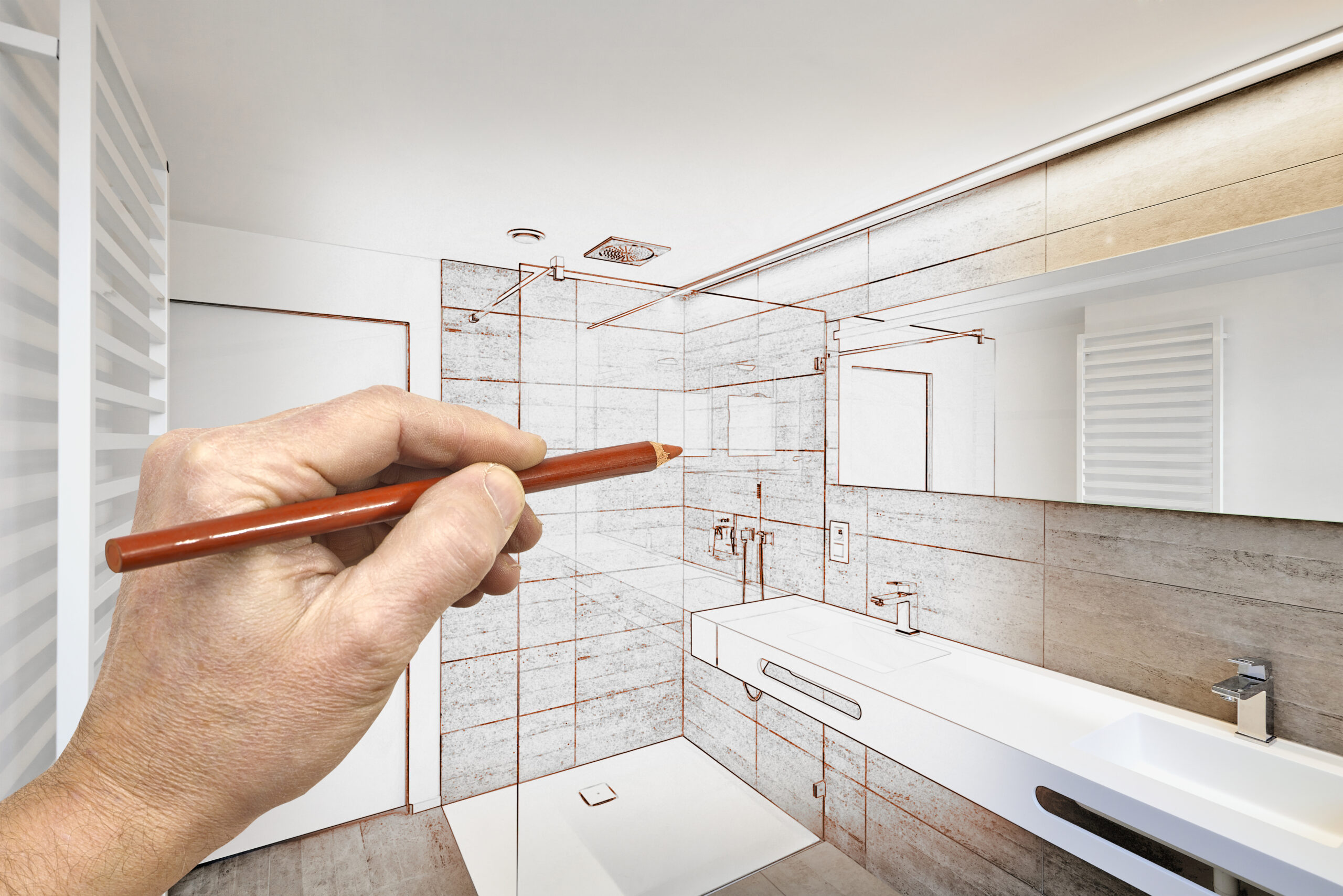 Hand tekent op maat gemaakte douchecabine in moderne badkamer