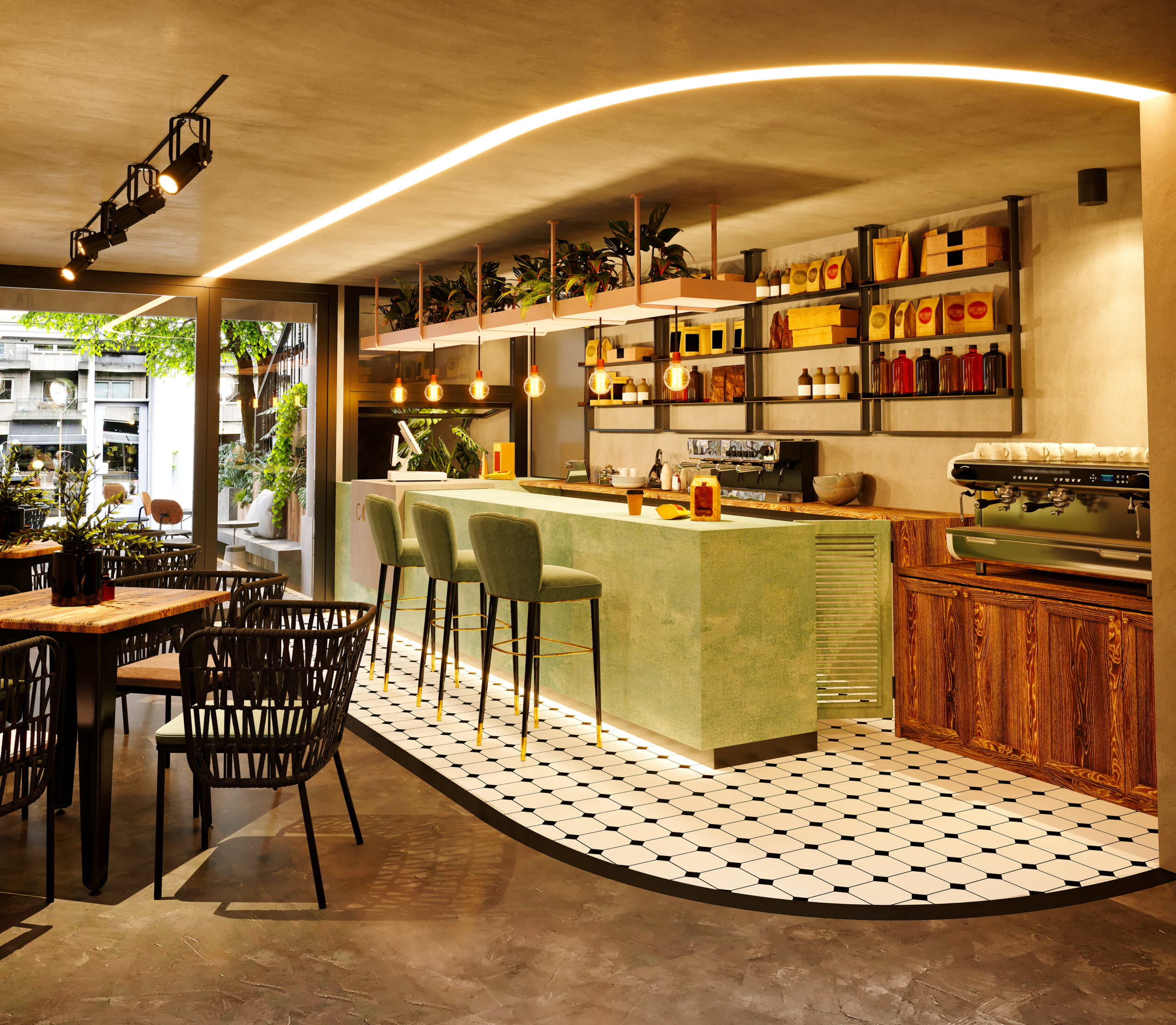 Moderne horeca-inrichting met groene bar, velvet barkrukken en sfeervolle verlichting