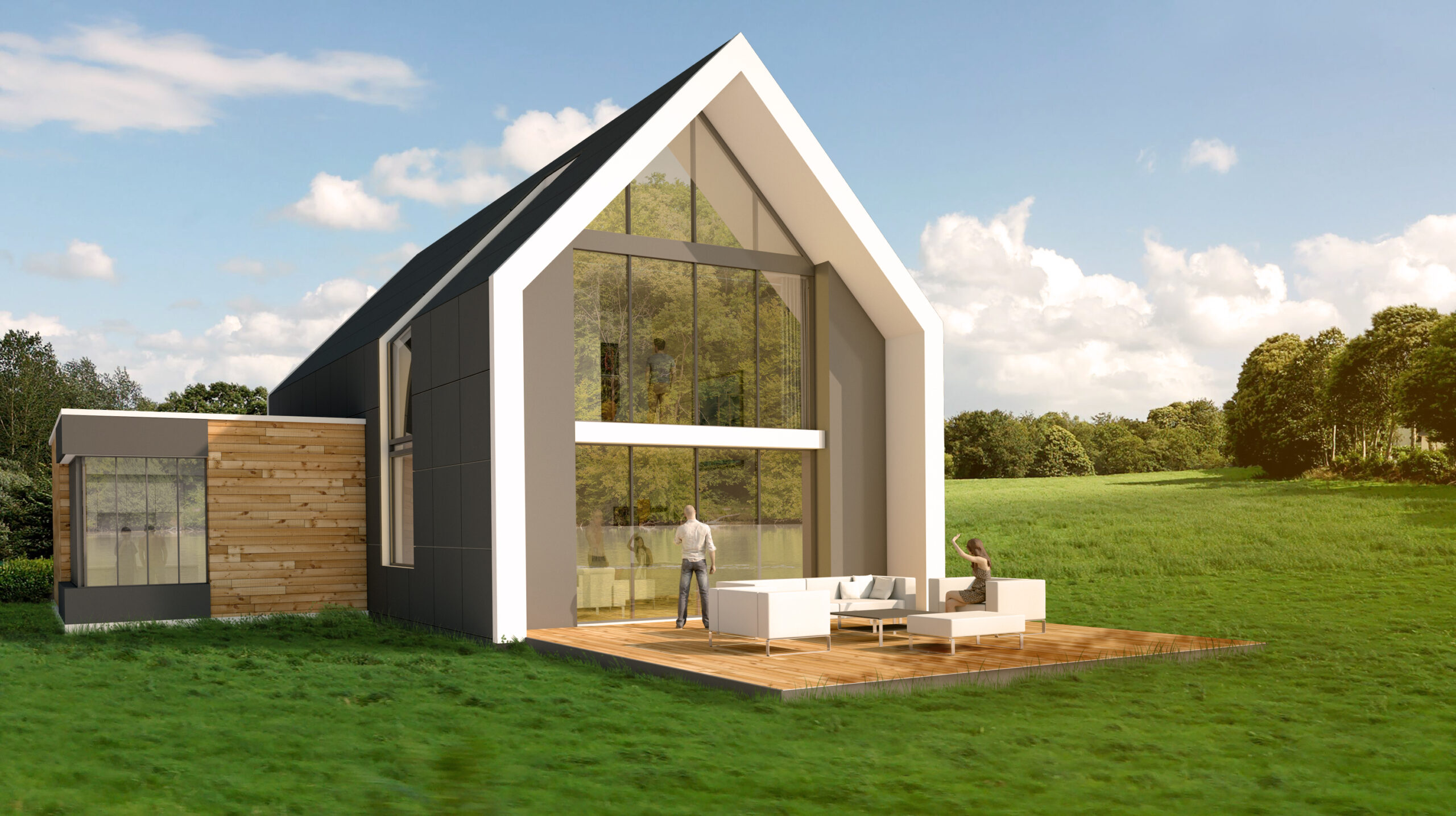 Man op terras bij modern chalet met hoge ramen, midden in een rustige, groene omgeving