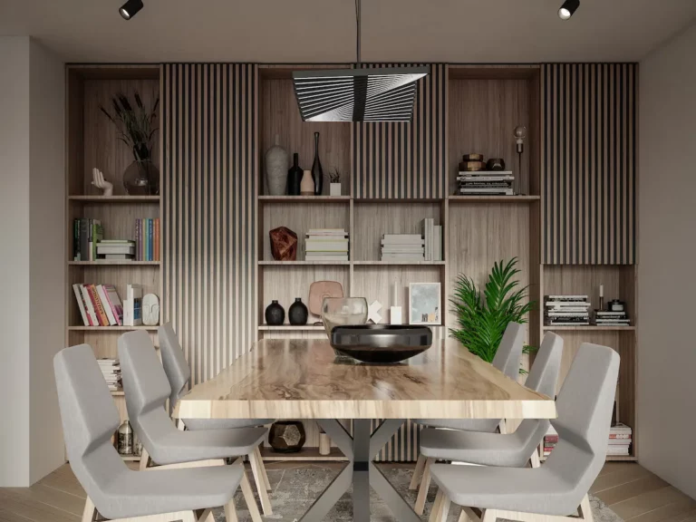 Stijlvolle eetkamer met houten uitschuiftafel en maatwerkkasten in een modern interieur