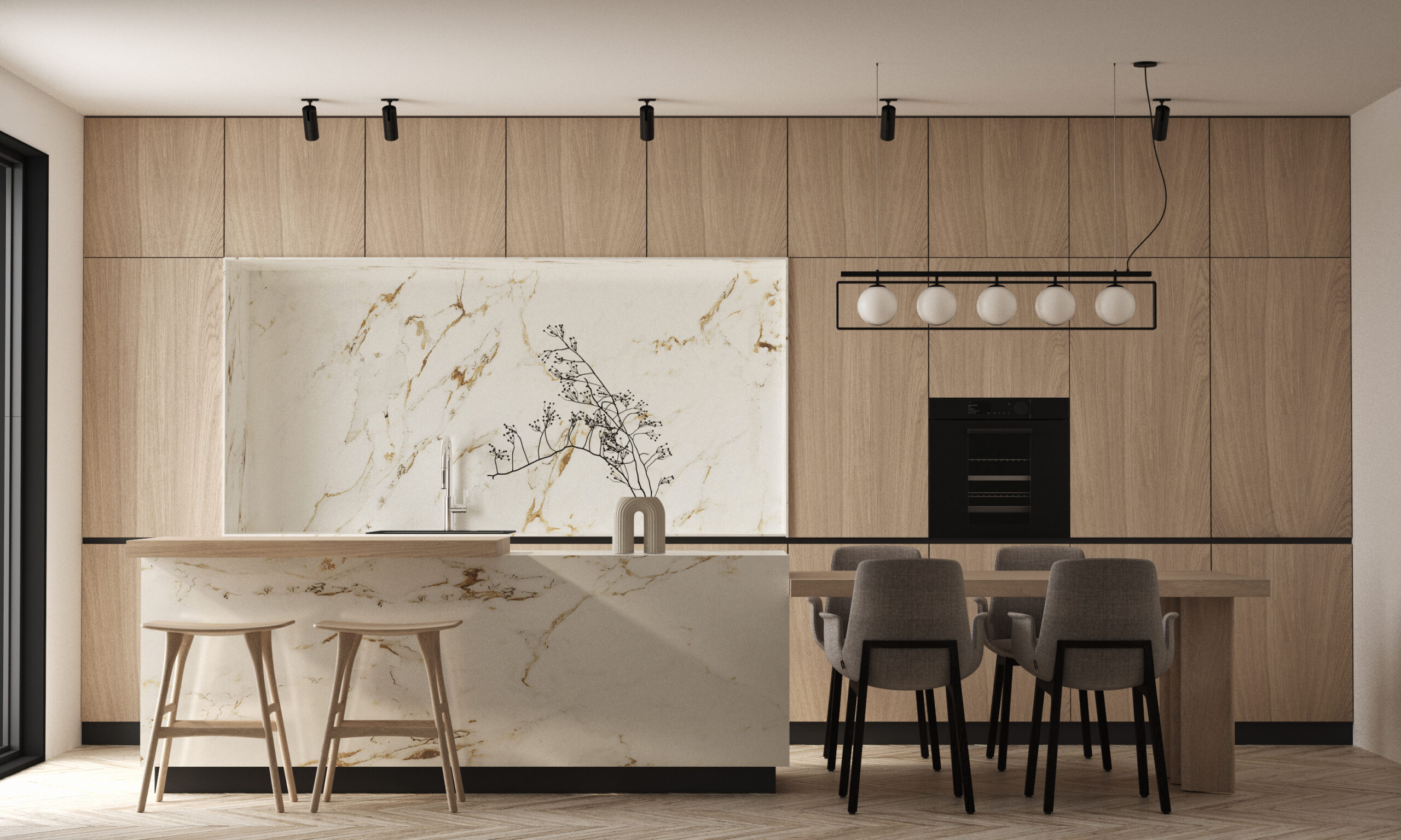 Moderne keuken met marmeren werkblad, houten wandkasten en minimalistische inrichting