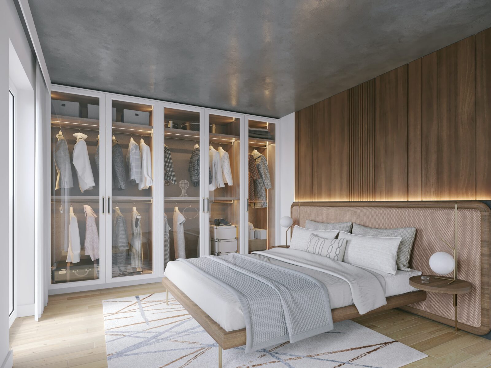 Moderne slaapkamer met op maat gemaakte kledingkasten, houten afwerking en geïntegreerde verlichting