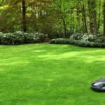 Robotmaaier rijdt over strak gemaaid gazon in groene tuin