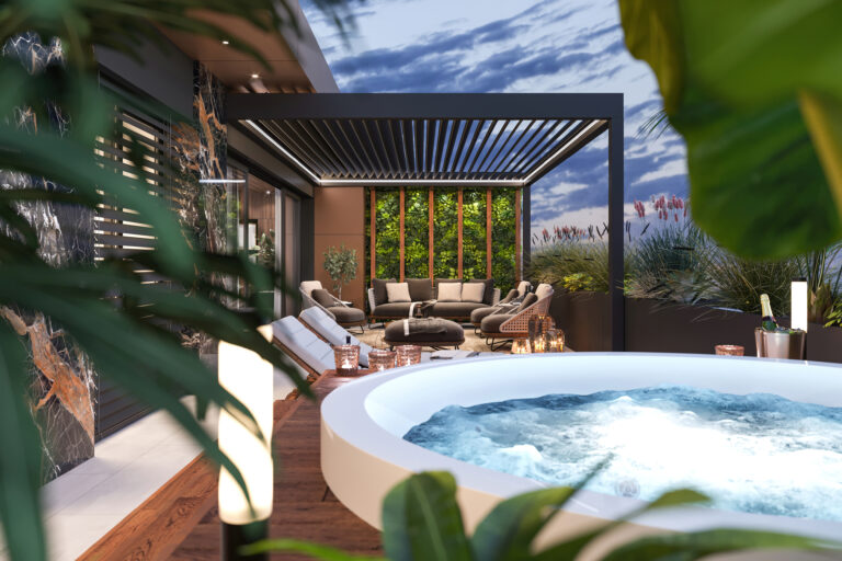 Jacuzzi in moderne tuin met overkapping, houten vlonder en warme verlichting bij schemering