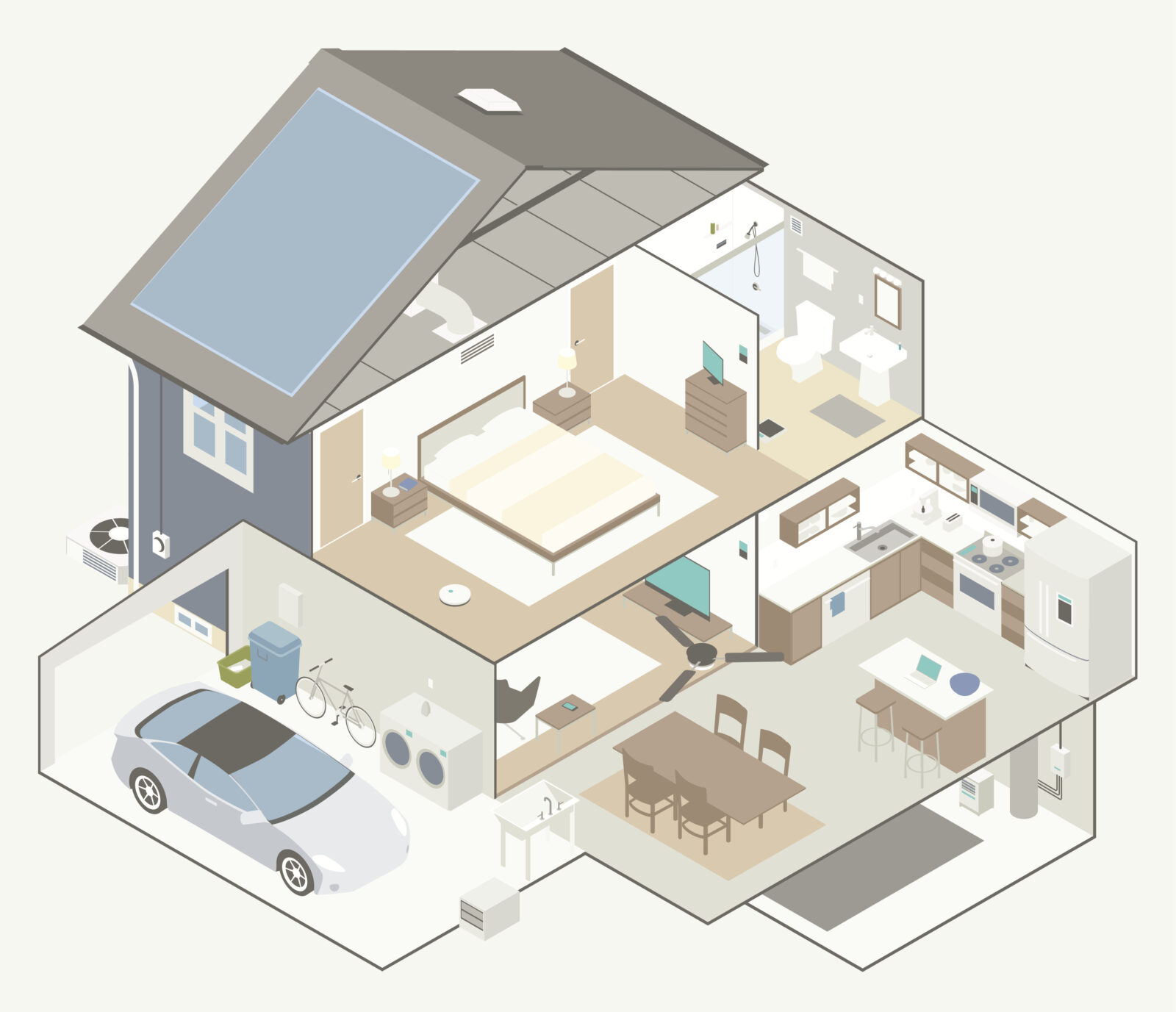 Isometrische illustratie van een moderne woning met ventilatiesysteem en zonnepanelen.