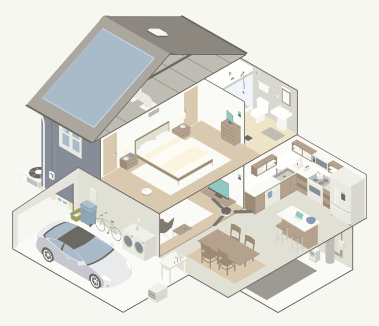 Isometrische illustratie van een moderne woning met ventilatiesysteem en zonnepanelen.