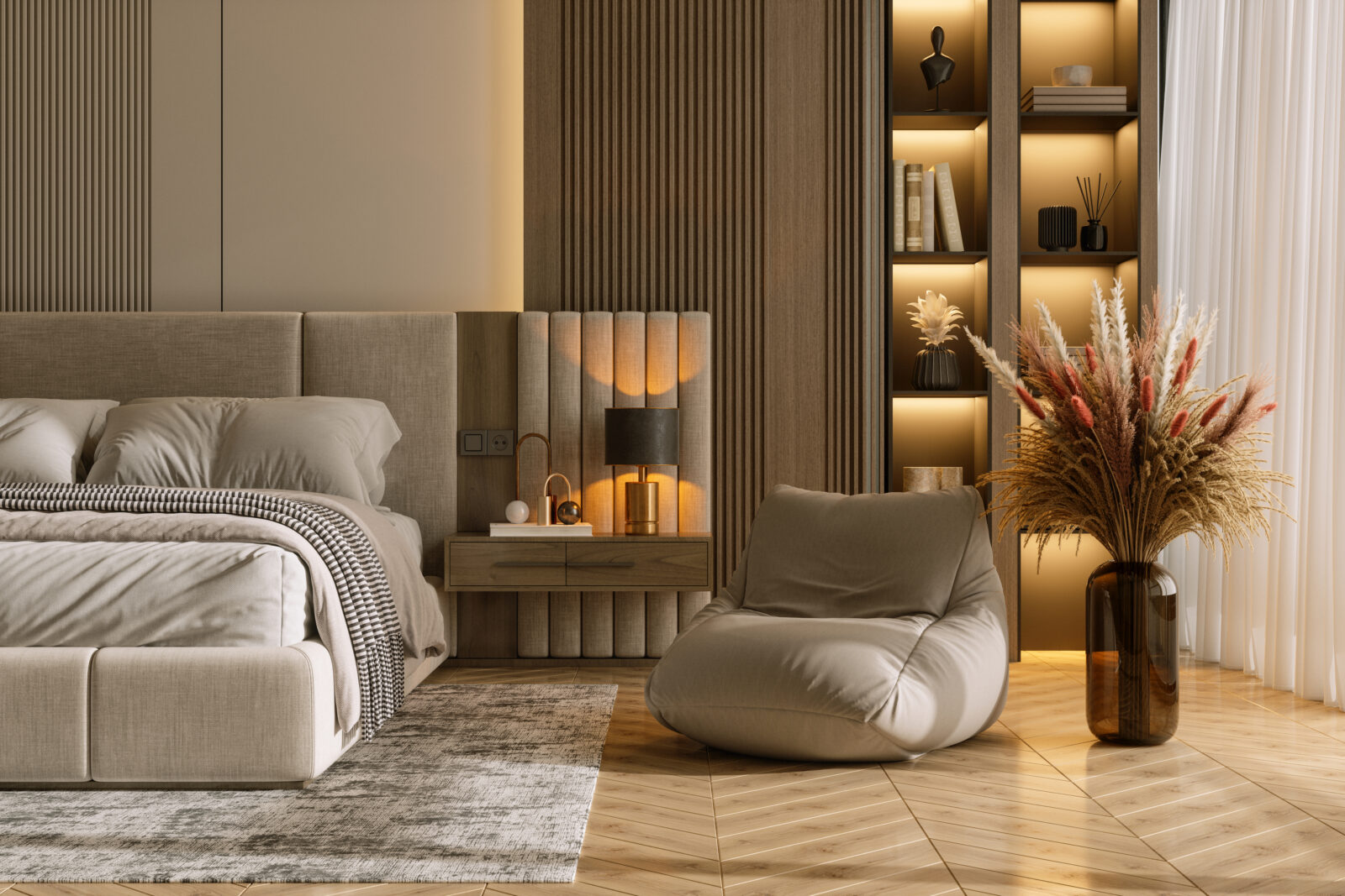 Luxe slaapkamer met modern hotelbed, warme verlichting en natuurlijke materialen