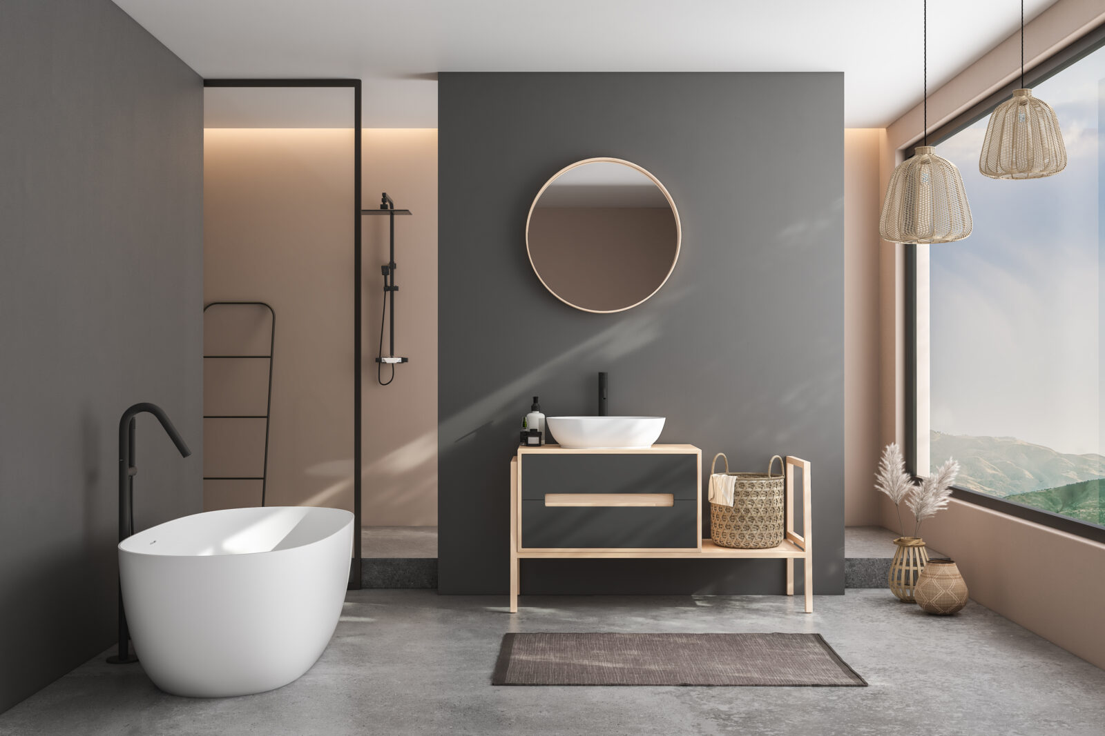 Luxe badkamer met vrijstaand bad, houten meubels en natuurlijke lichtinval