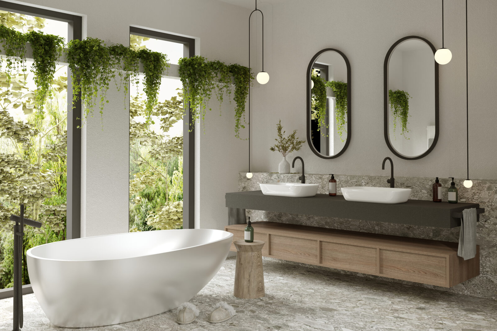 Luxe badkamer met vrijstaand bad, grote ramen en hangende groene planten
