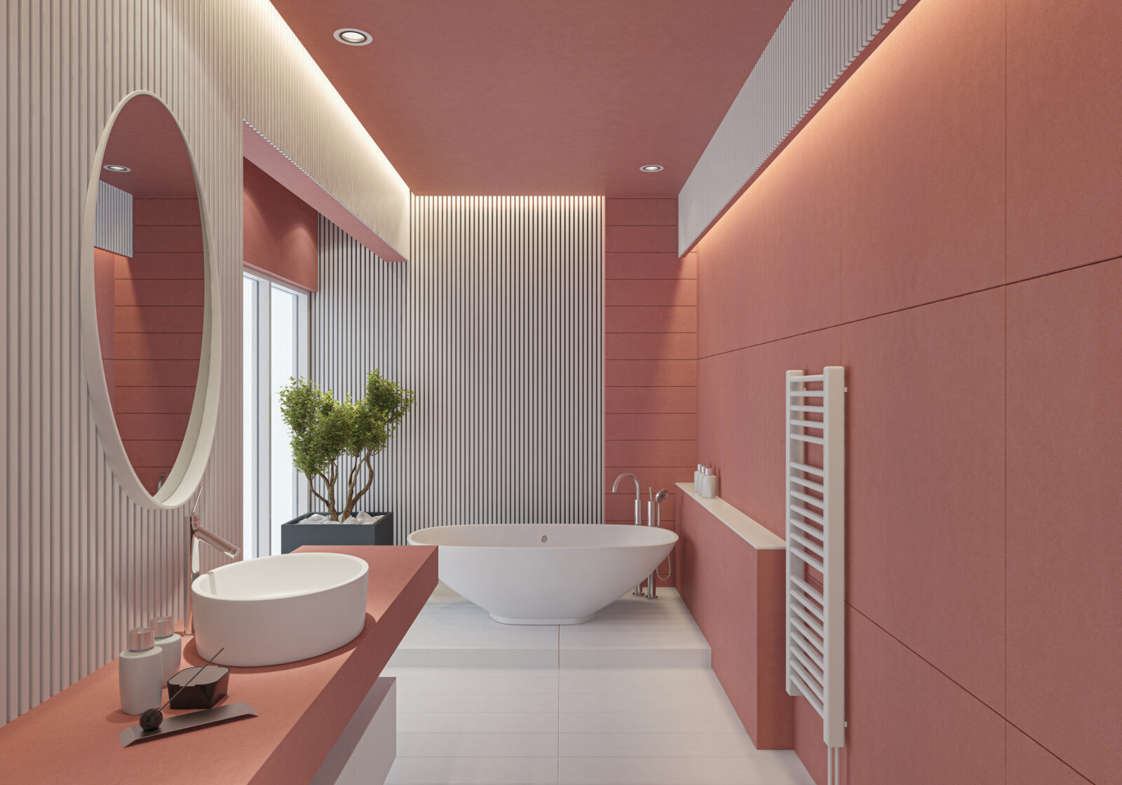 Moderne badkamer met roze wanden, witte accenten en sfeervolle verlichting