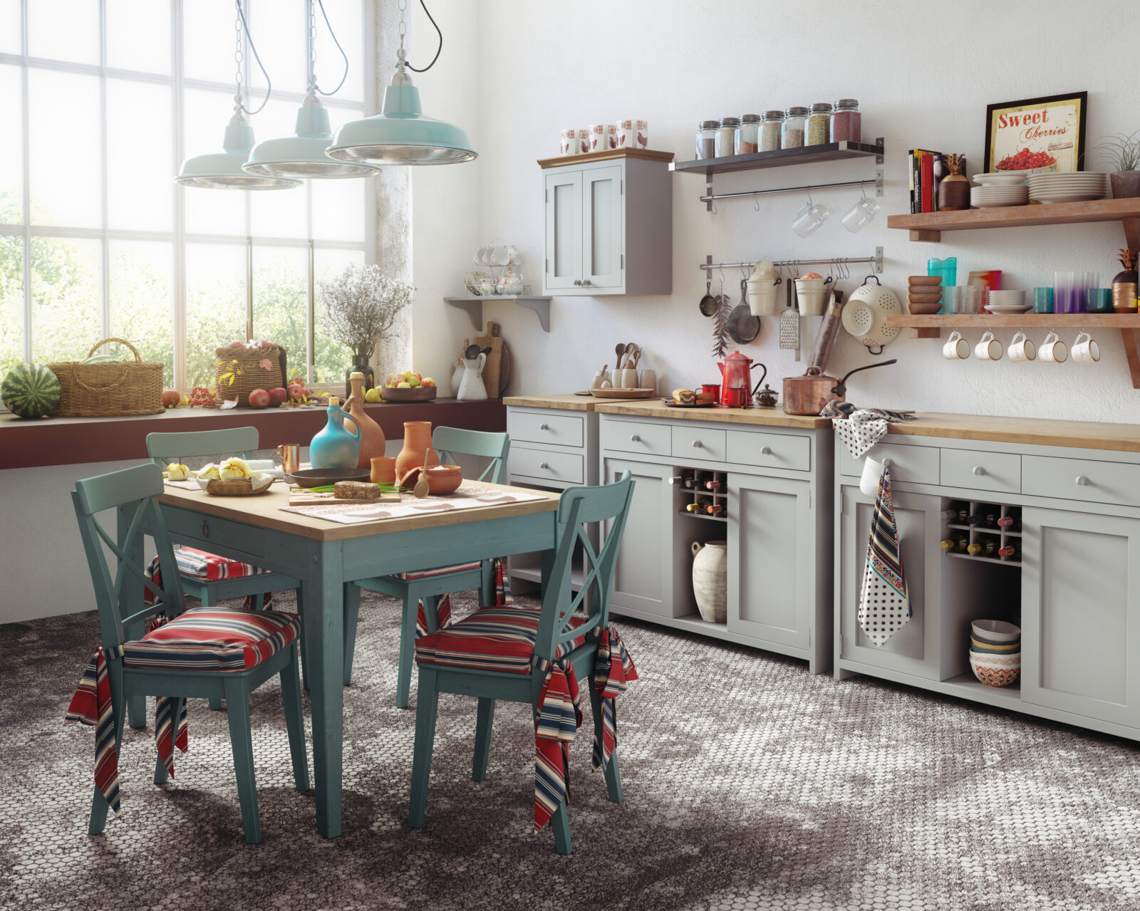 Sfeervolle landelijke keuken met houten meubels, pastelaccenten en natuurlijk licht