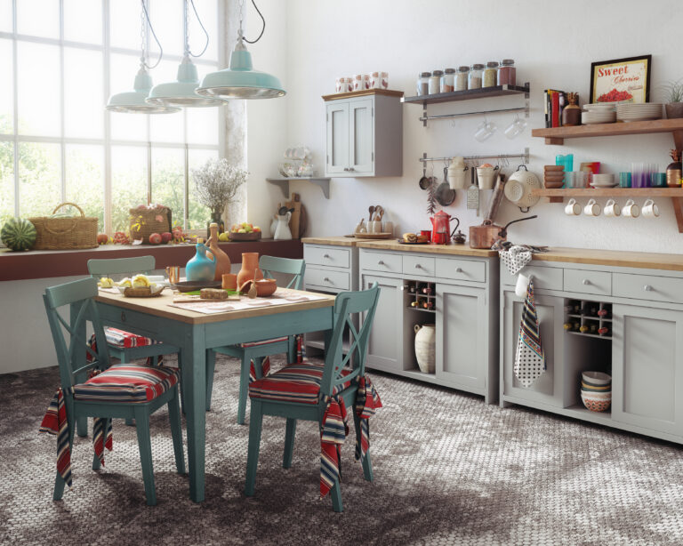 Sfeervolle landelijke keuken met houten meubels, pastelaccenten en natuurlijk licht