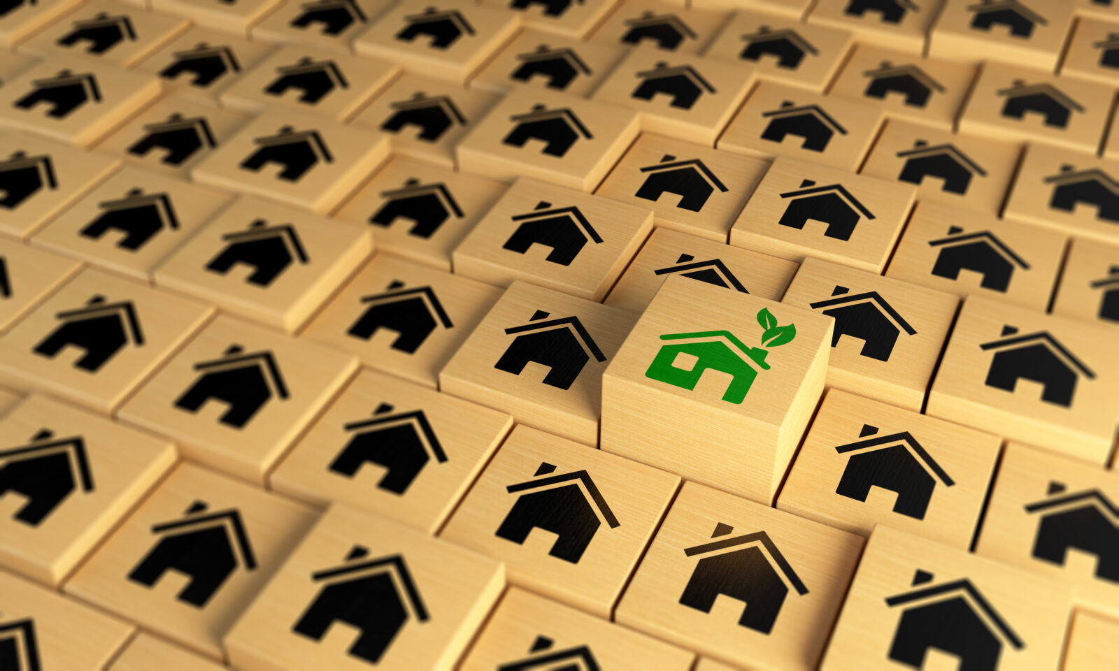 Groen huisicoon tussen zwarte huisiconen als symbool voor uniek woningaanbod