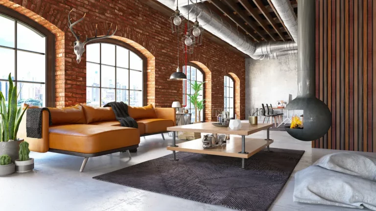 Hangende design houtkachel in industriële loft met bakstenen muren en leren bank