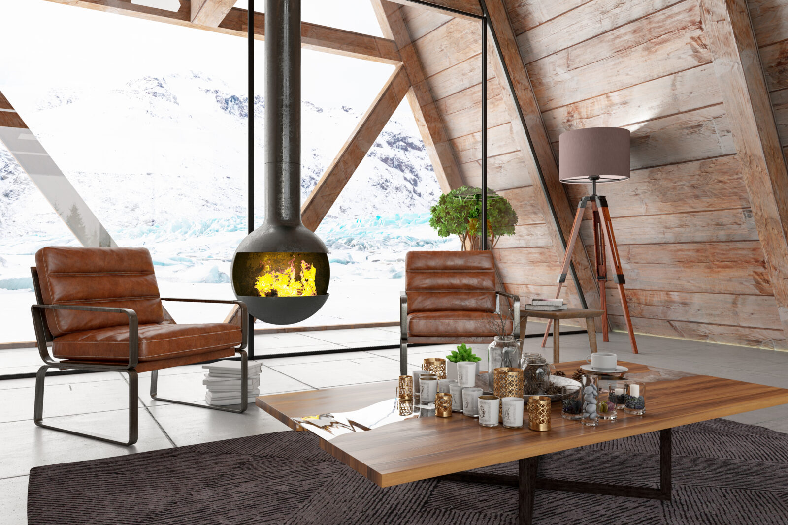 Hangende design houtkachel in luxe chalet met leren stoelen en uitzicht op besneeuwde bergen