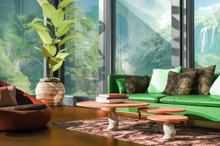 Moderne woonkamer met groene bank, organische houten salontafel en grote kamerplant bij panoramaraam