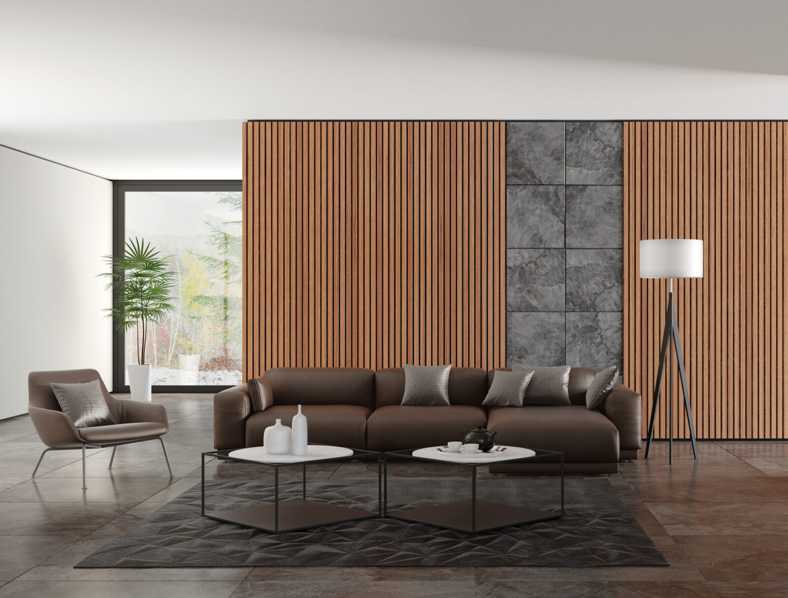 Moderne woonkamer met houten wandpanelen en grijze accenten achter een bruine bank.