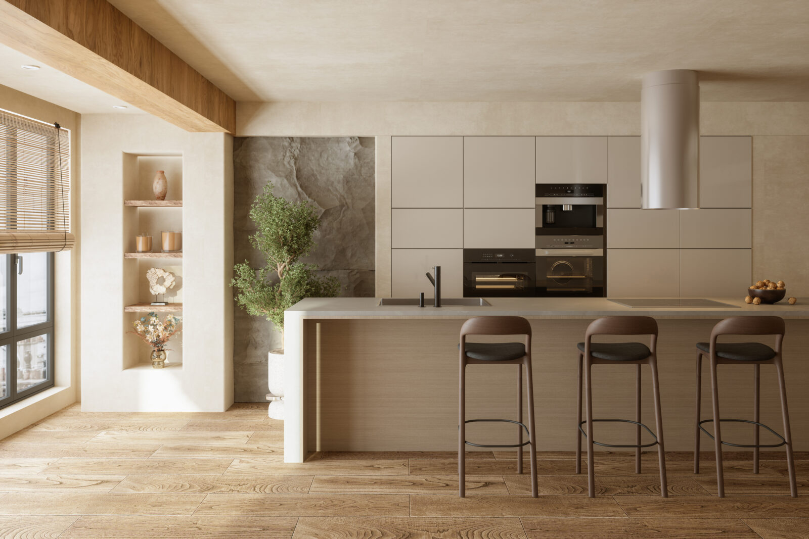 Japandi keuken met houten vloer, natuurstenen wand en minimalistisch kookeiland