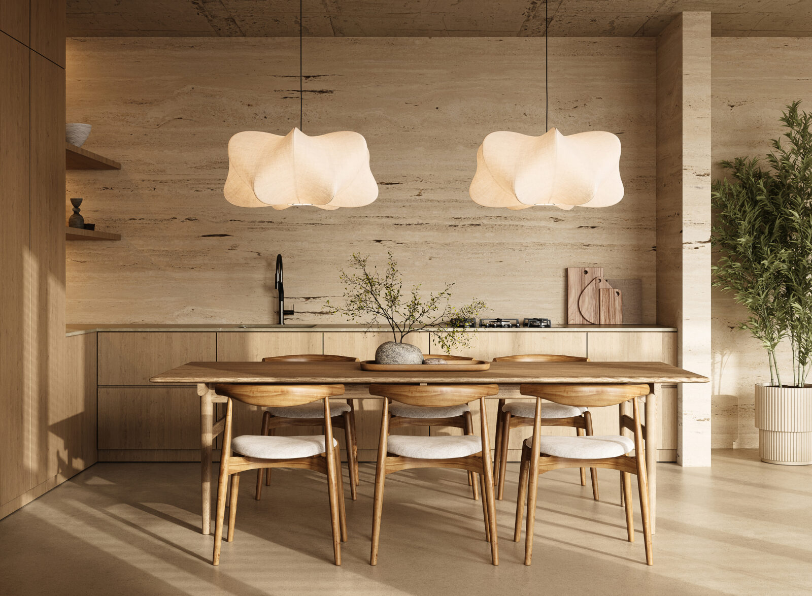 Japandi keuken met houten kasten, lichte eettafel en zachte verlichting in een minimalistisch interieur