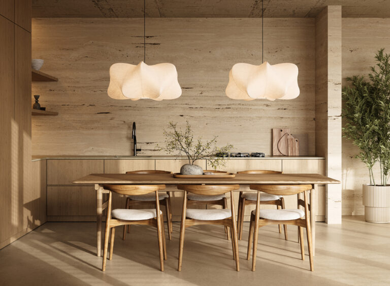 Japandi keuken met houten kasten, lichte eettafel en zachte verlichting in een minimalistisch interieur