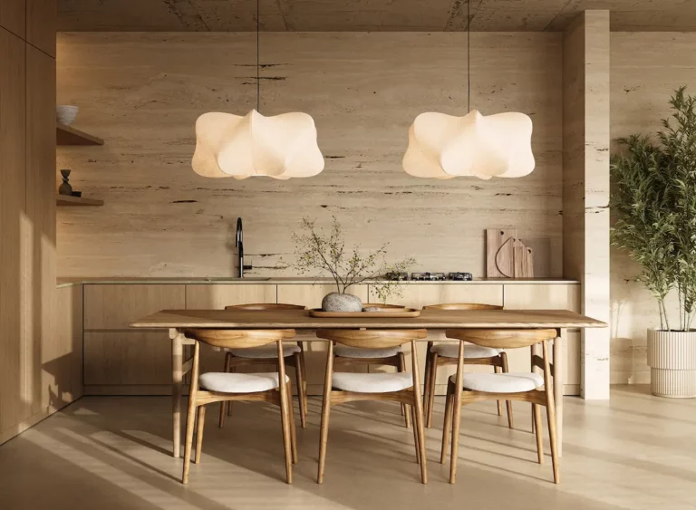Japandi keuken met houten kasten, lichte eettafel en zachte verlichting in een minimalistisch interieur