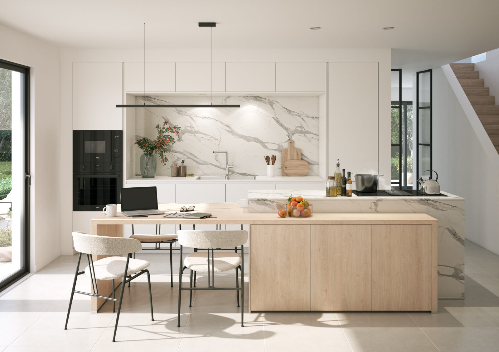 Moderne keuken met kookeiland, barstoelen en warme verlichting als hart van het huis
